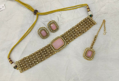 Indian Jewellery Pink Kundan choker Gunjan Sets