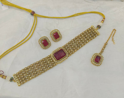 Indian Jewellery Maroon Kundan choker Gunjan Sets