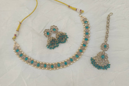 Antique Gold Rama Green Necklace Set/ Antique gold Indian Bridal Jagjeet Jewellery