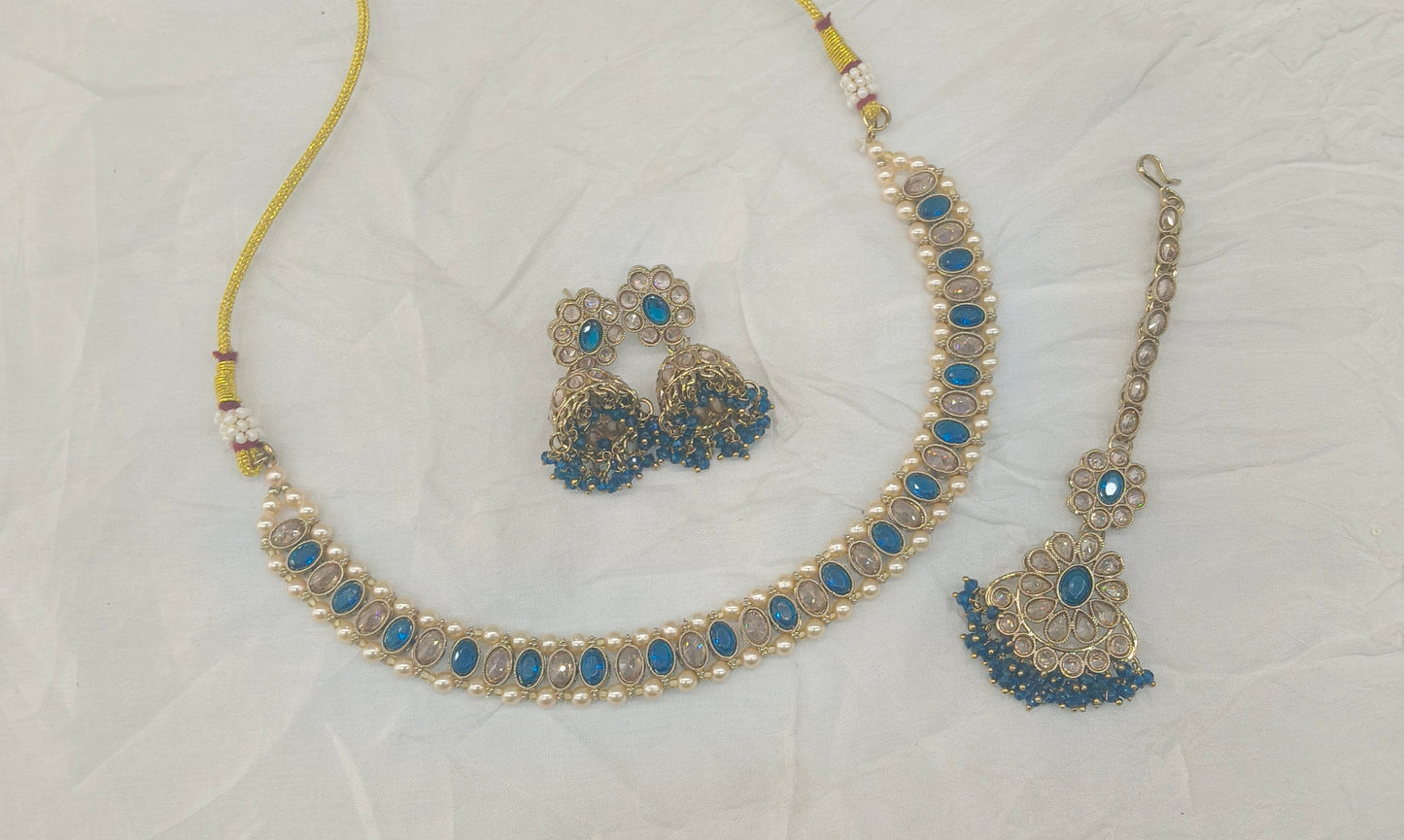 Antique Gold Blue Necklace Set/ Antique gold Indian Bridal Jagjeet Jewellery