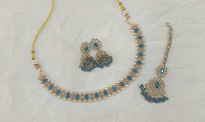 Antique Gold Blue Necklace Set/ Antique gold Indian Bridal Jagjeet Jewellery