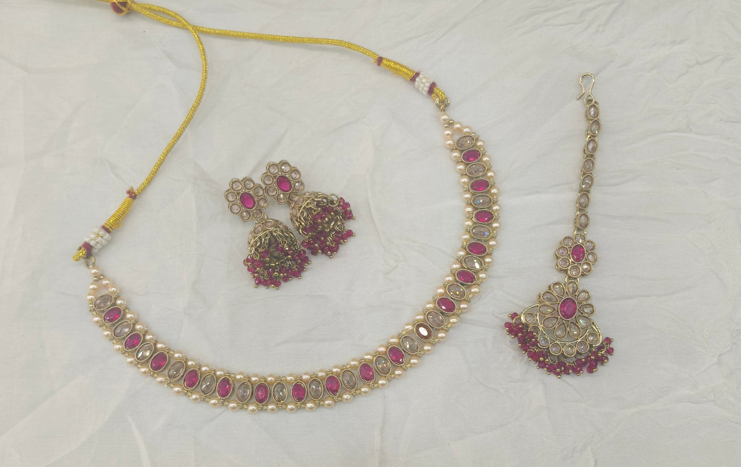 Antique Gold Majenta Necklace Set/ Antique gold Indian Bridal Jagjeet Jewellery