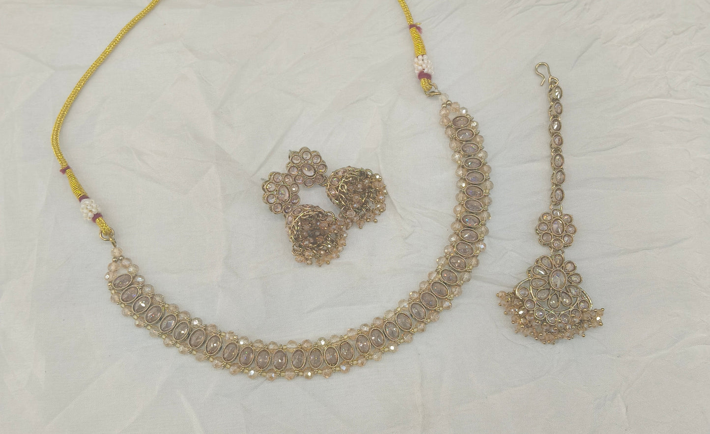 Antique Gold Crystal Necklace Set/ Antique gold Indian Bridal Jagjeet Jewellery