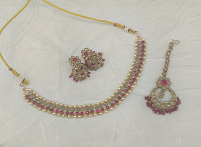 Antique Gold Maroon Necklace Set/ Antique gold Indian Bridal Jagjeet Jewellery