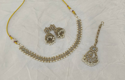 Antique Gold White Necklace Set/ Antique gold Indian Bridal Jagjeet Jewellery