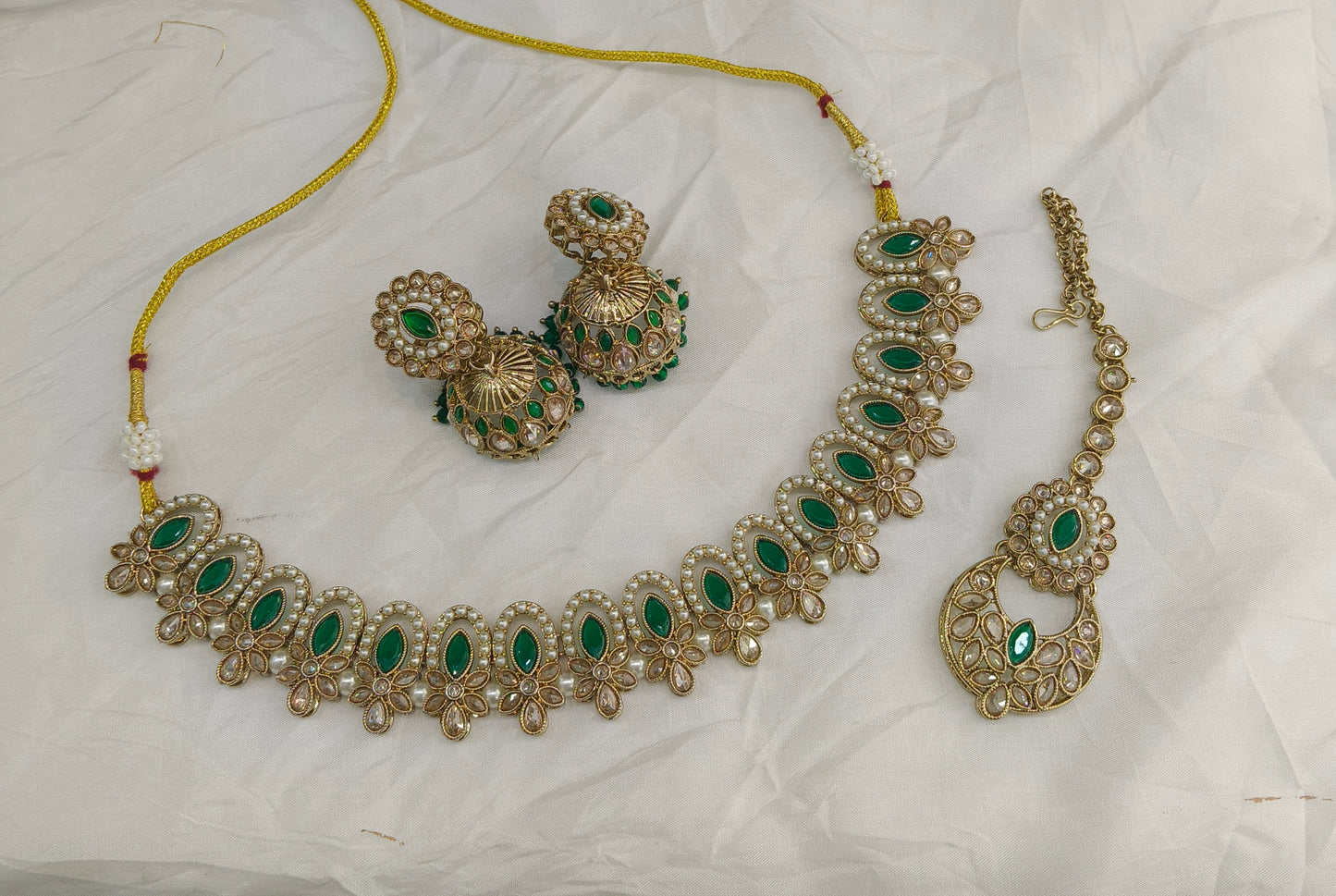 Antique Gold Green Necklace Set/ Antique gold Indian Bridal Risha Jewellery
