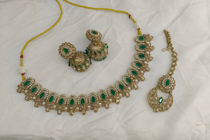 Antique Gold Green Necklace Set/ Antique gold Indian Bridal Risha Jewellery