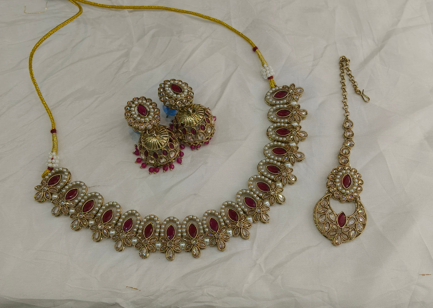 Antique Gold Maroon Necklace Set/ Antique gold Indian Bridal Risha Jewellery