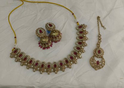 Antique Gold Maroon Necklace Set/ Antique gold Indian Bridal Risha Jewellery