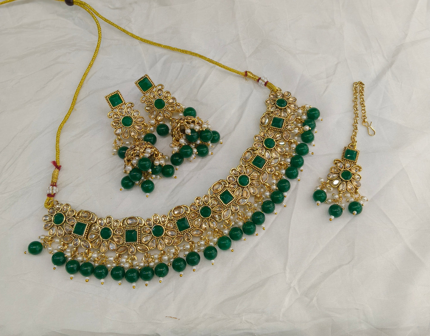 Antique Gold Green Necklace Set/ Antique gold rani Indian Bridal Kitty Jewellery