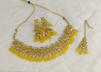 Antique Gold Yellow Necklace Set/ Antique gold rani Indian Bridal Kitty Jewellery