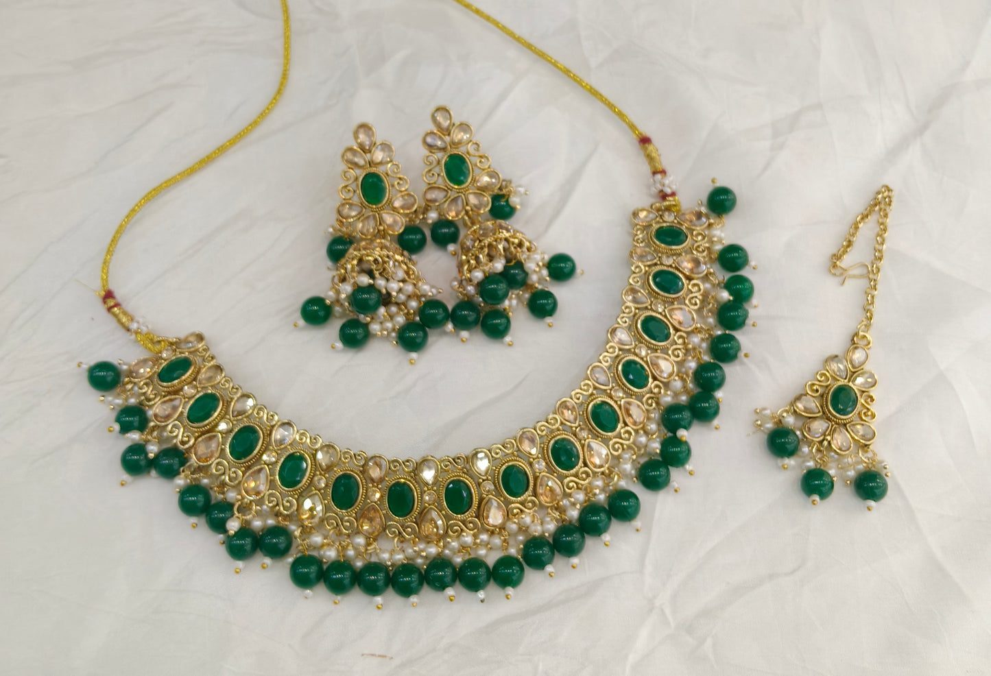 Antique Gold Green Necklace Set/ Antique gold rani Indian Bridal Kitty Jewellery