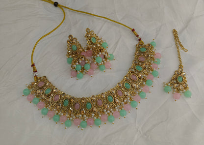 Antique Gold Mint Pink Necklace Set/ Antique gold rani Indian Bridal Kitty Jewellery