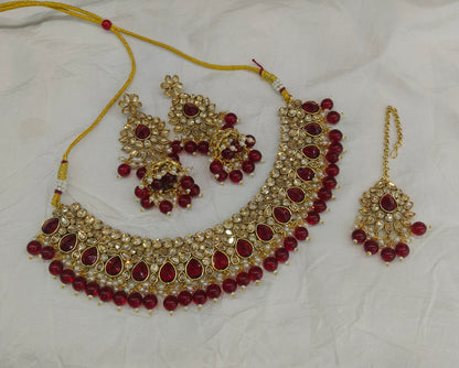 Antique Gold Maroon Necklace Set/ Antique gold rani Indian Bridal Devika Jewellery