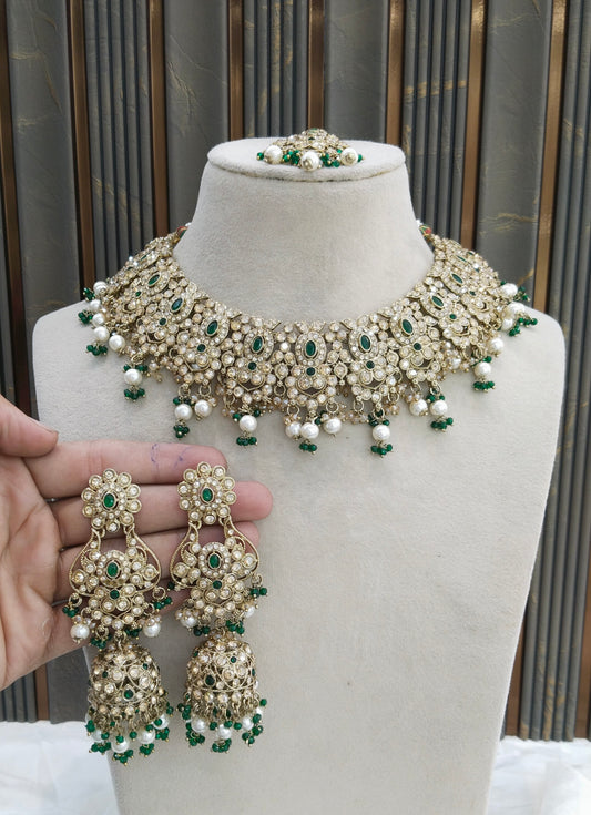 Antique Gold Green Necklace Set/ Antique gold Indian Joan Jewellery