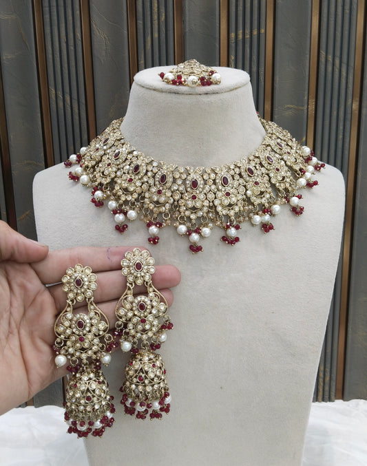 Antique Gold Maroon Necklace Set/ Antique gold Indian Joan Jewellery