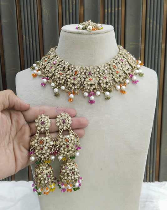 Antique Gold Multi Color Necklace Set/ Antique gold Indian Joan Jewellery