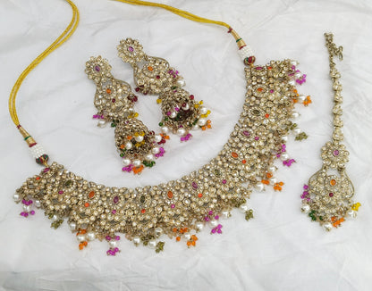 Antique Gold Multi Color Necklace Set/ Antique gold Indian Joan Jewellery