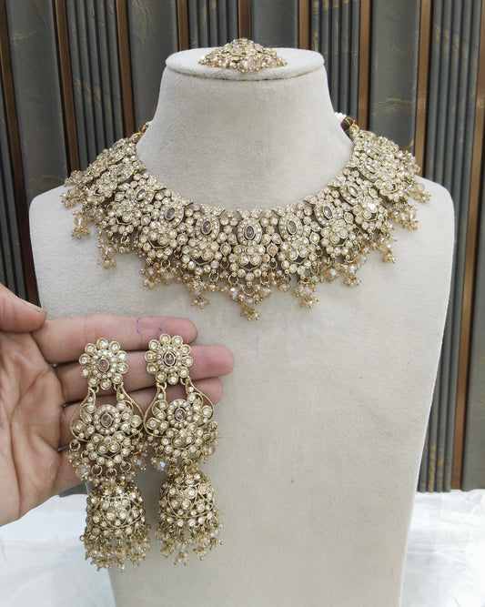 Antique Gold Crystal Necklace Set/ Antique gold Indian Joan Jewellery