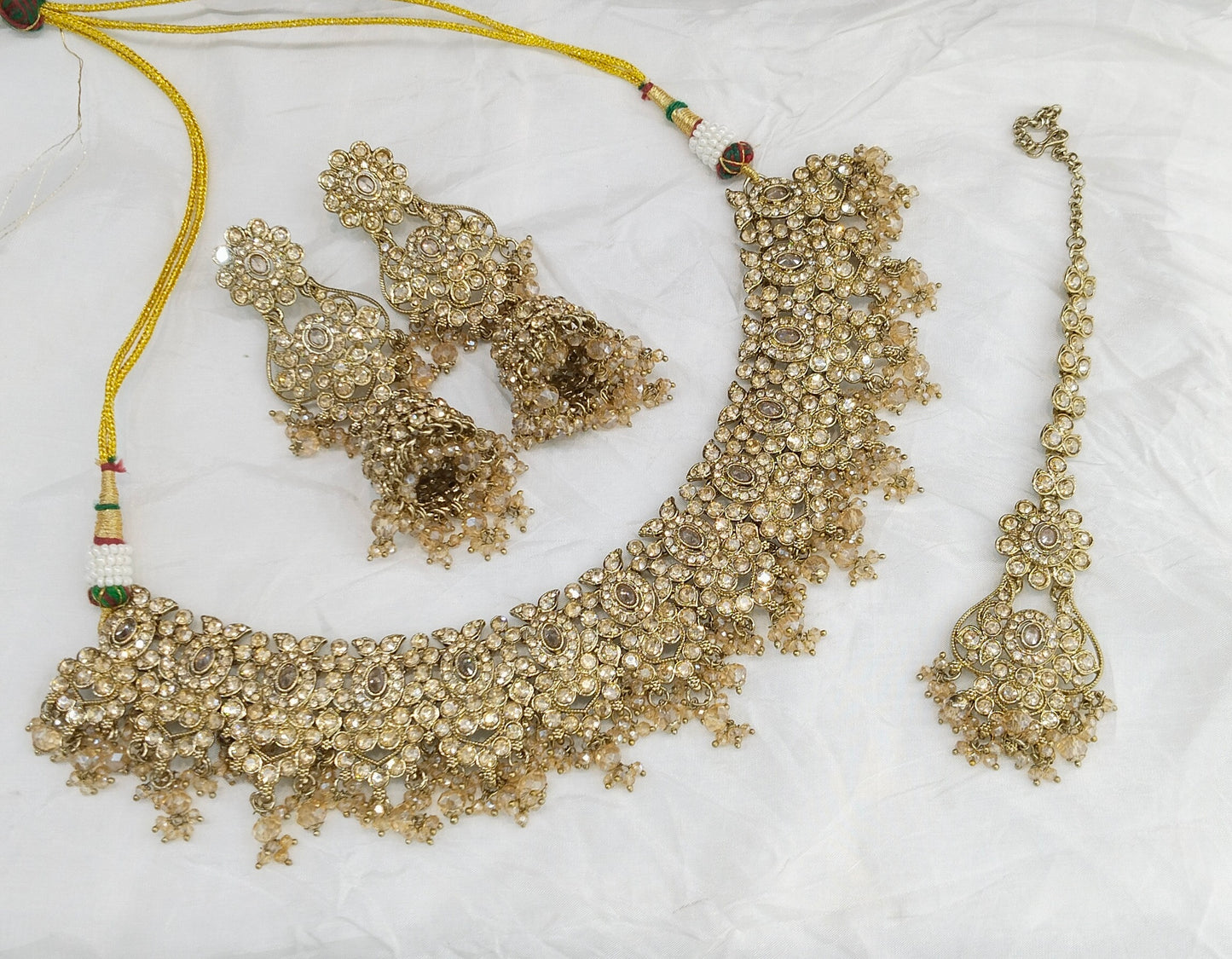 Antique Gold Crystal Necklace Set/ Antique gold Indian Joan Jewellery