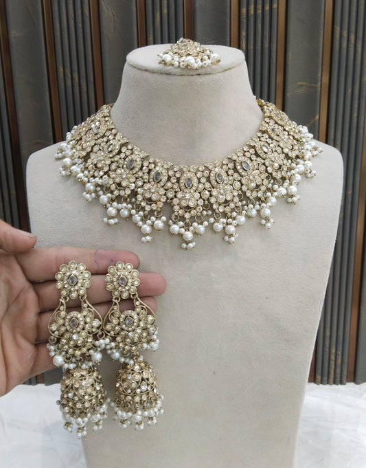 Antique Gold White Necklace Set/ Antique gold Indian Joan Jewellery