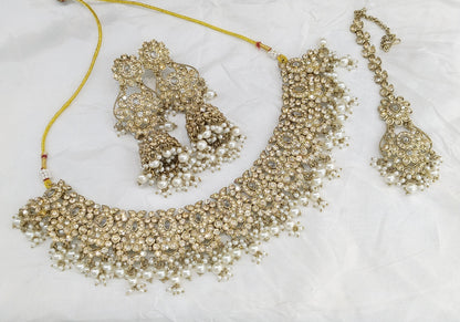 Antique Gold White Necklace Set/ Antique gold Indian Joan Jewellery