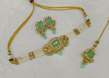 Indian Jewellery Mint Kundan choker Set/ kundan choker Kundan Sama Set