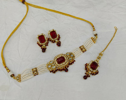 Indian Jewellery Maroon Kundan choker Set/ kundan choker Kundan Sama Set