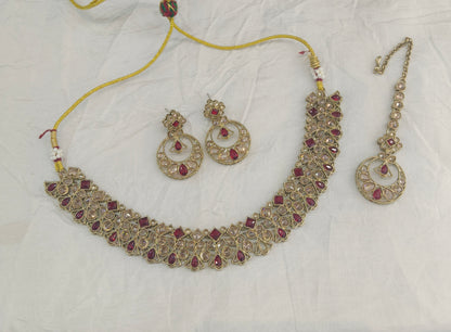 Maroon Antique Gold Necklace Indian Jewellery Race Set