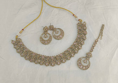 Pink Antique Gold Necklace Indian Jewellery Race Set