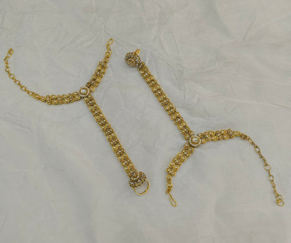 Indian Hand Bracelets Gold White Kundan Bridal pair Finger ring Panja Jewellery