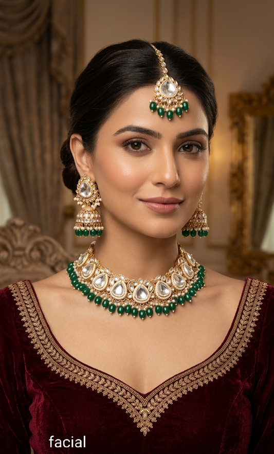 Rose gold kundan necklace Set/ Rose gold green Indian kundan hari sets