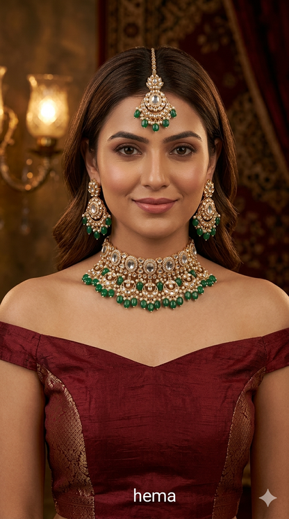 Rose gold choker kundan necklace Set/ Rose green Indian choker hema Jewellery