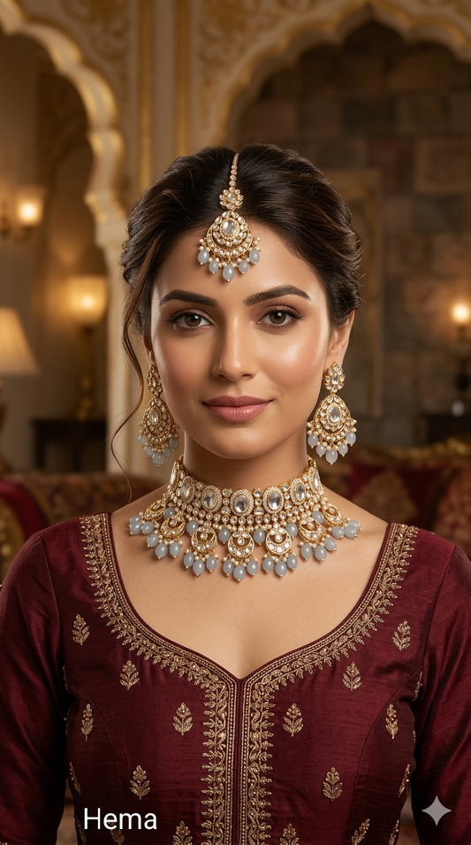 Rose gold choker kundan necklace Set/ Rose grey Indian choker hema Jewellry