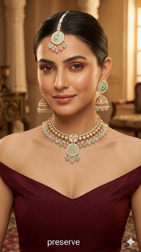 Rose gold kundan necklace Set/ Rose gold sea green pink Indian kundan necklace preserve sets