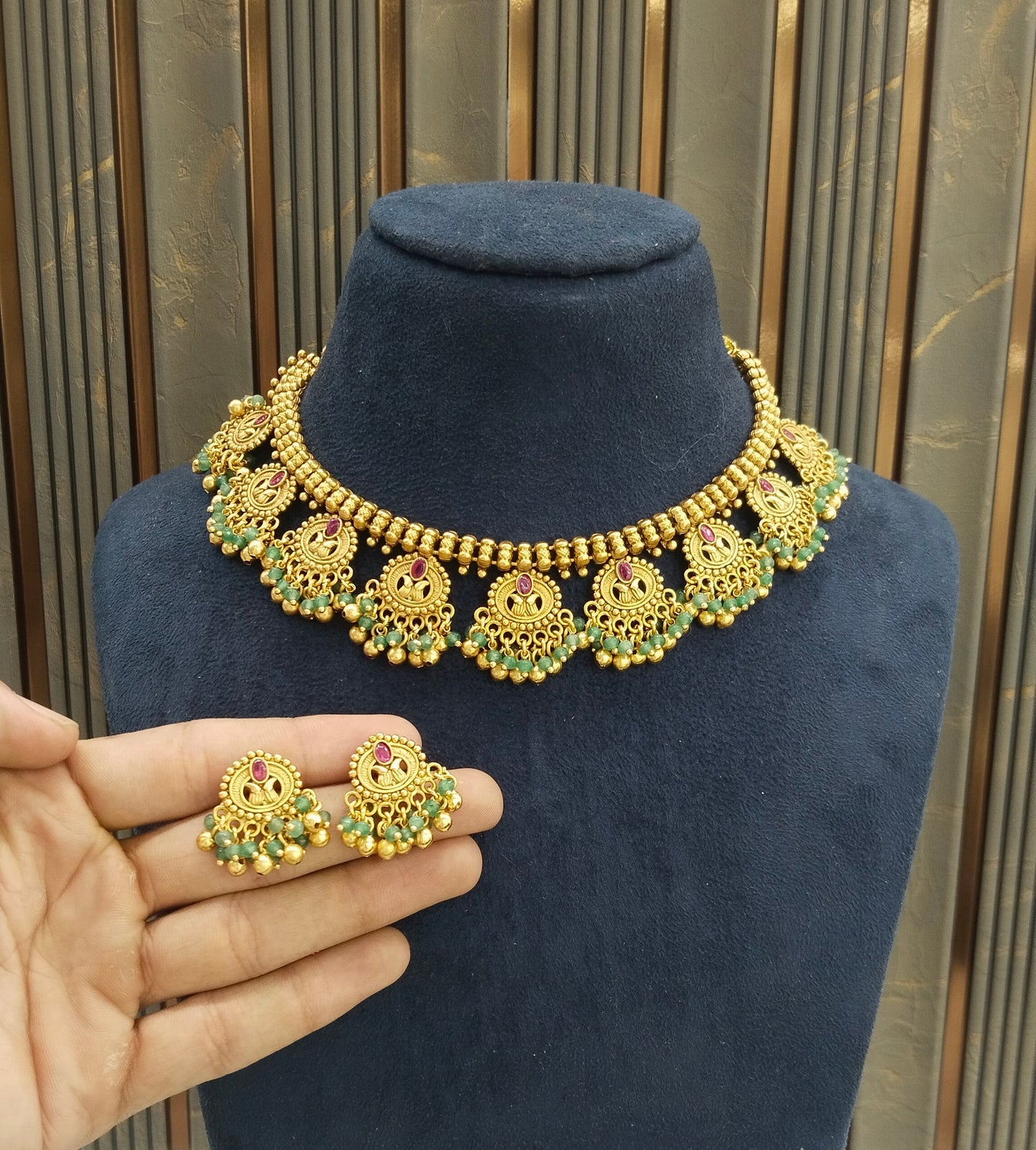 Gold Polki Ruby Sage Green Necklace Jewellery Lucy Set