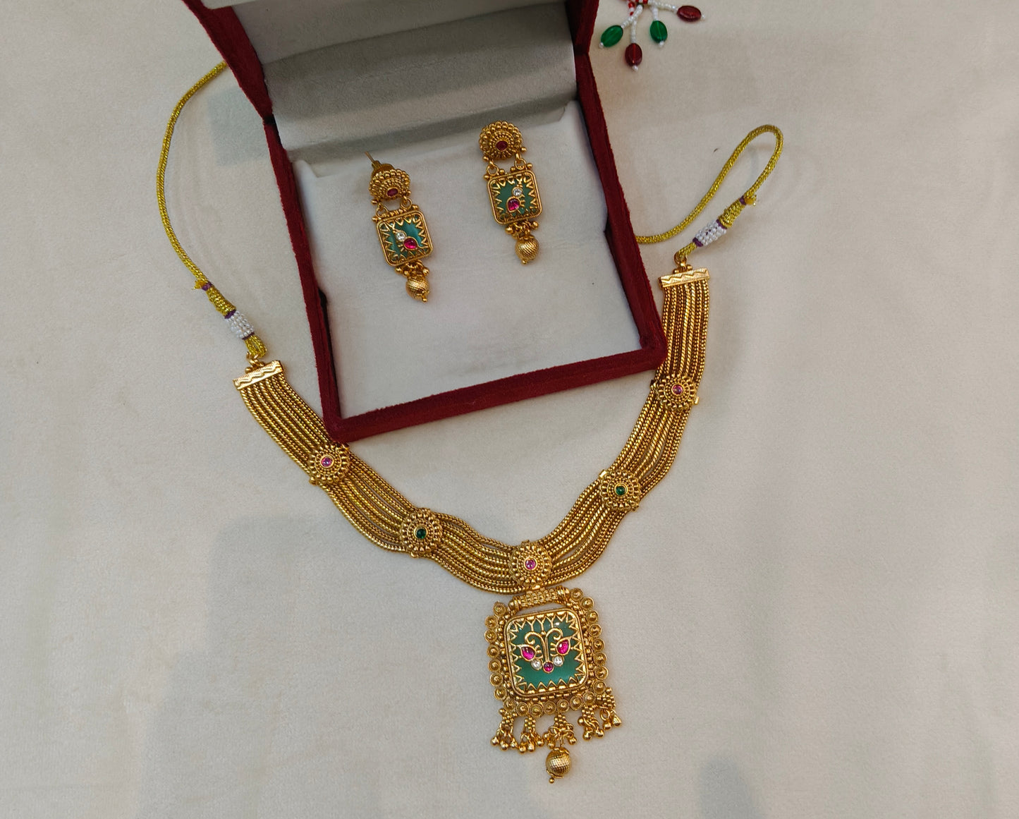 Gold Polki Ruby Sage Green Necklace Jewellery Riko Set