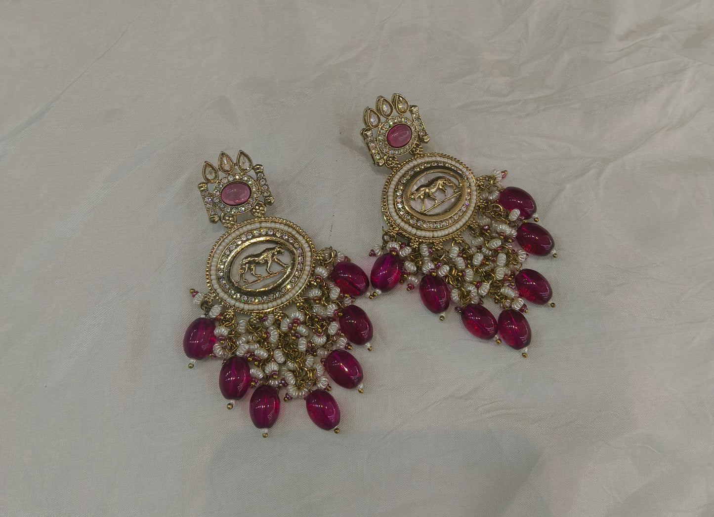 Antique Gold Majenta Bollywood Yua Indian Earrings