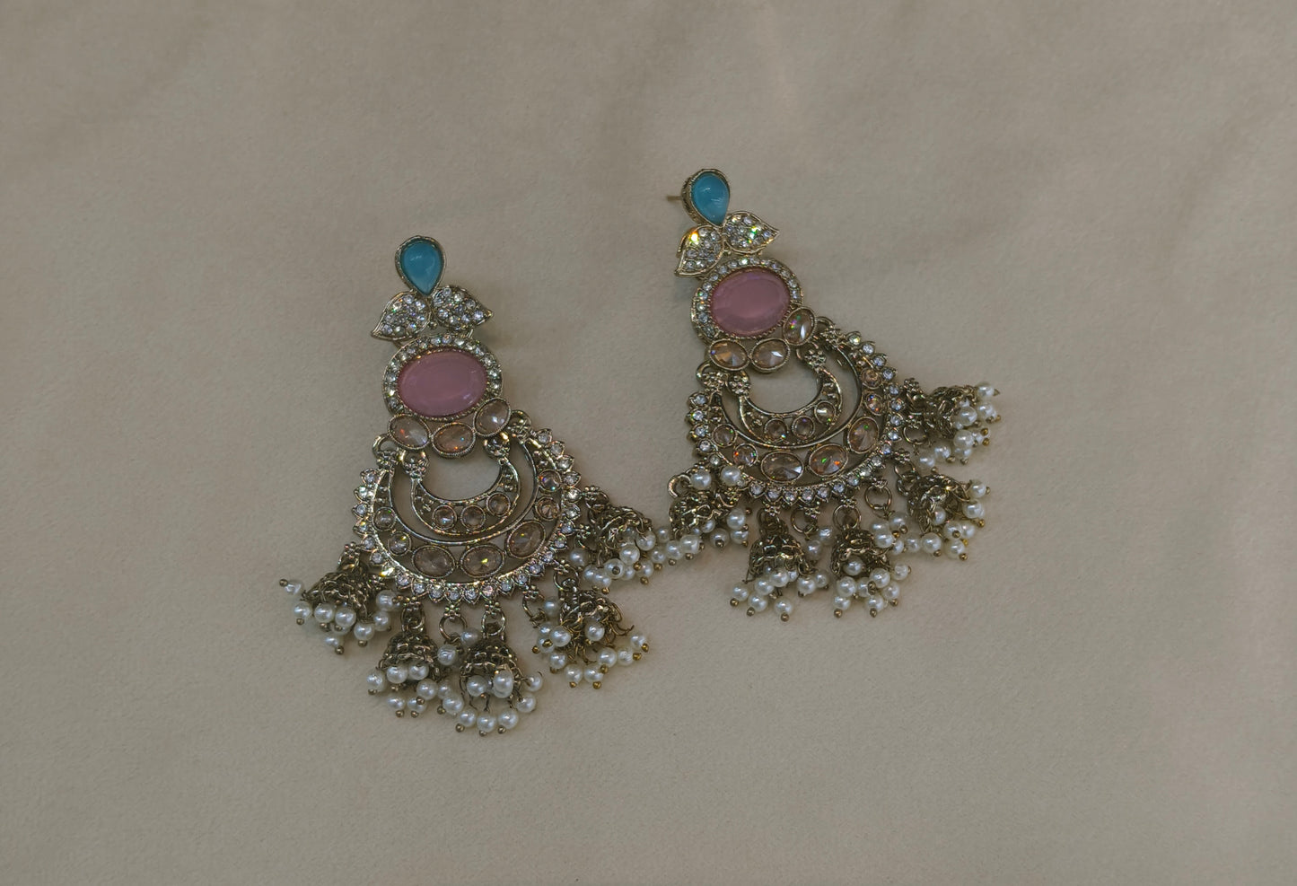 Antique Gold Sky blue Pink Bollywood Tora  Indian Earrings