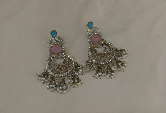 Antique Gold Sky blue Pink Bollywood Tora  Indian Earrings