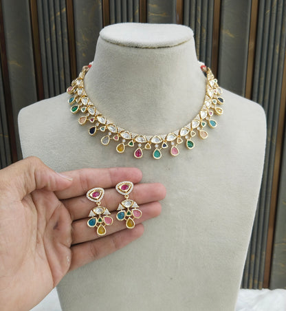 Gold polki MultiColor Kundan Necklace set/ Gold Necklace Juno sets