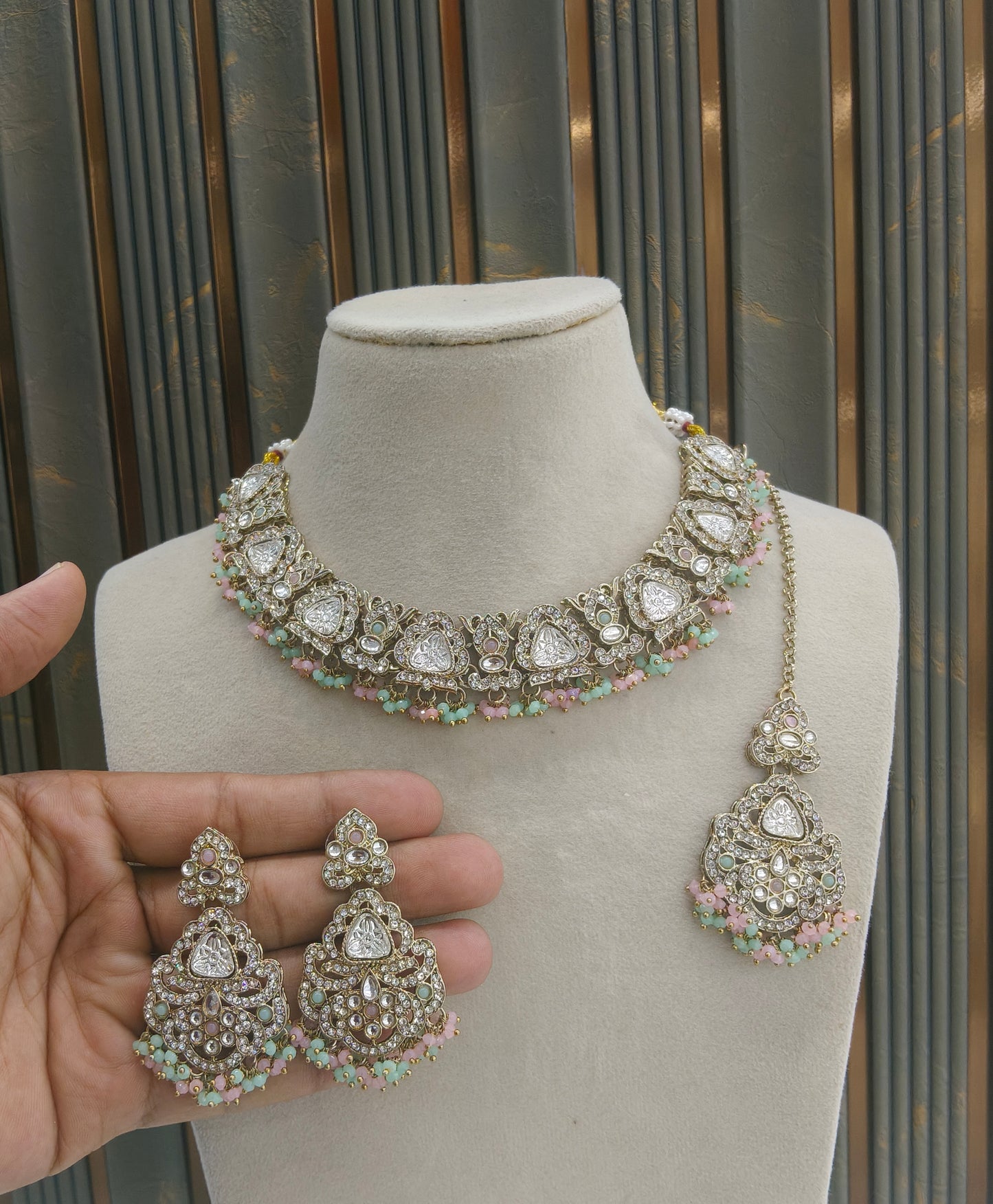 Antique Gold Mint pink Necklace Asami Jewellery Sets