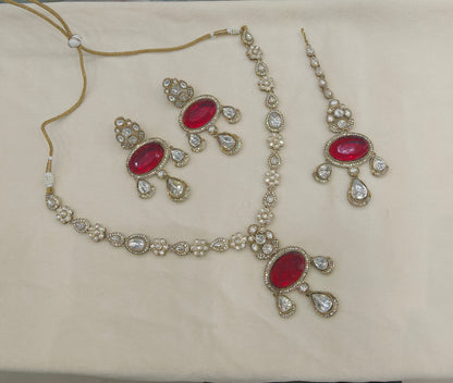 Antique Moissanite Maroon Long kundan necklace Indian Jewellery Henry Wedding Set