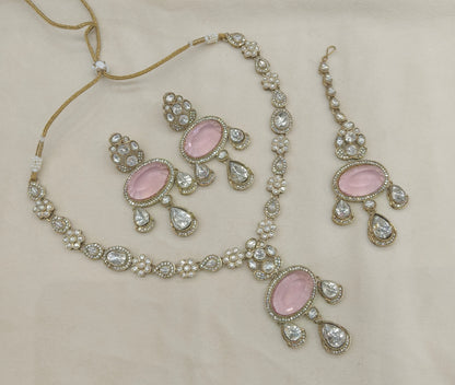 Antique Moissanite Pink Long kundan necklace Indian Jewellery Henry Wedding Sets