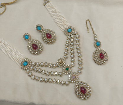 Antique Moissanite Multicolor Long kundan necklace Indian Jewellery Henry Wedding Sets