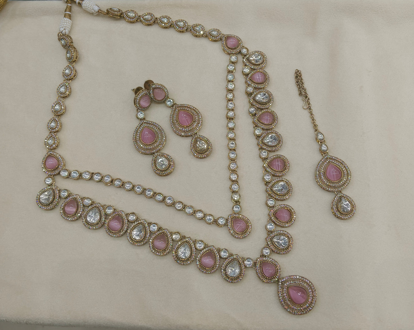 Antique Moissanite Pink Long kundan necklace Indian Jewellery Henry Wedding Sets