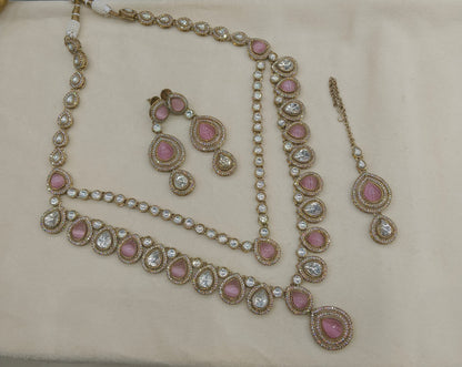 Antique Moissanite Pink Long kundan necklace Indian Jewellery Henry Wedding Sets