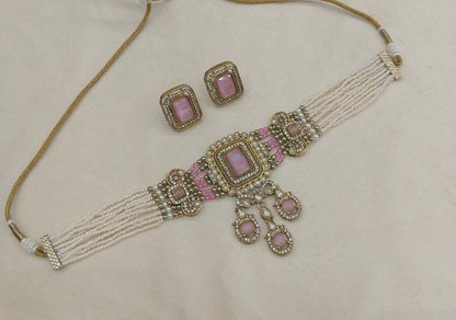 Antique pink Moissanite kundan choker Indian Jewellery Sarah Wedding Set