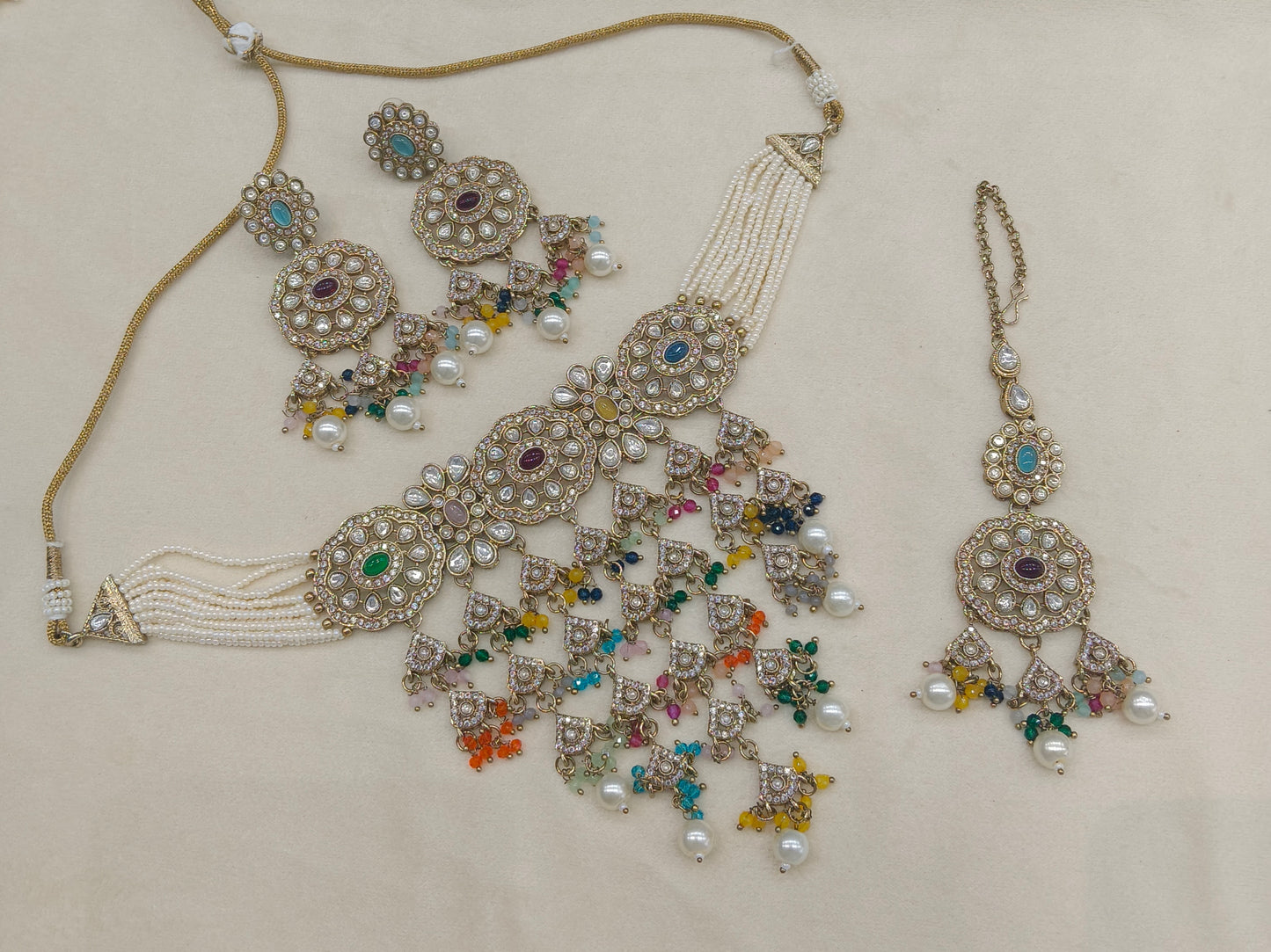 Antique Multicolor waterfall Moissanite kundan choker Indian Jewellery Sarah Wedding Set