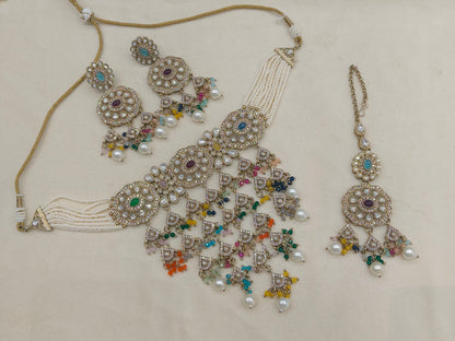 Antique Multicolor waterfall Moissanite kundan choker Indian Jewellery Sarah Wedding Set
